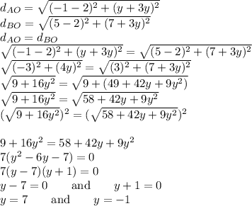 d_{AO}=\sqrt{(-1-2)^2+(y + 3y)^2}\\d_{BO}=\sqrt{(5 - 2)^2+(7 + 3y)^2} \\\qquad \qquad \qquad \qquad d_{AO} = d_{BO}\\\sqrt{(-1-2)^2+(y + 3y)^2}=\sqrt{(5 - 2)^2+(7 + 3y)^2}\\\sqrt{(-3)^2+(4y)^2}=\sqrt{(3)^2+(7 + 3y)^2}\\\sqrt{9+16y^2}=\sqrt{9+(49+42y+9y^2)}\\\sqrt{9+16y^2}=\sqrt{58+42y+9y^2}\\(\sqrt{9+16y^2})^2=(\sqrt{58+42y+9y^2})^2\\\\9+16y^2=58+42y+9y^2\\7(y^2-6y-7)=0\\7(y - 7)(y + 1)=0\\y - 7 = 0 \qquad\text{and}\qquad y + 1 = 0\\\quad y = 7 \qquad \text{and}\qquad y = -1