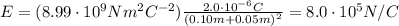 E=(8.99\cdot 10^9 Nm^2 C^{-2})\frac{2.0\cdot 10^{-6} C}{(0.10 m+0.05 m)^2}=8.0\cdot 10^5 N/C