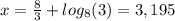 x = \frac {8} {3} + log_ {8} (3) = 3,195