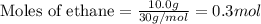 \text{Moles of ethane}=\frac{10.0g}{30g/mol}=0.3mol