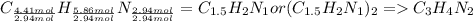 C_{\frac{4.41mol}{2.94mol} } H_{\frac{5.86mol}{2.94mol} }N_{\frac{2.94mol}{2.94mol} } =C_{1.5}H_{2}N_{1} or(C_{1.5}H_{2}N_{1})_{2}=C_{3}H_{4}N_{2}