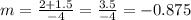 m=\frac{2+1.5}{-4}=\frac{3.5}{-4} =-0.875