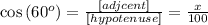 \cos\left(60^o\right)=\frac{\left[adjcent\right]}{\left[hypotenuse\right]}=\frac{x}{100}