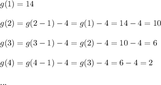 g(1)=14\\ \\g(2)=g(2-1)-4=g(1)-4=14-4=10\\ \\g(3)=g(3-1)-4=g(2)-4=10-4=6\\ \\g(4)=g(4-1)-4=g(3)-4=6-4=2\\ \\...
