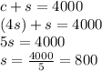 c+s=4000\\(4s)+s=4000\\5s=4000\\s=\frac{4000}{5}=800