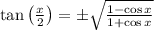 \tan \left ( \frac{x}{2} \right )=\pm \sqrt{\frac{1-\cos x}{1+\cos x}}