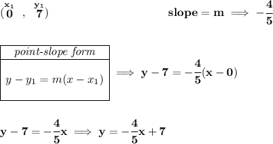 \bf (\stackrel{x_1}{0}~,~\stackrel{y_1}{7})~\hspace{10em} slope = m\implies -\cfrac{4}{5} \\\\\\ \begin{array}{|c|ll} \cline{1-1} \textit{point-slope form}\\ \cline{1-1} \\ y-y_1=m(x-x_1) \\\\ \cline{1-1} \end{array}\implies y-7=-\cfrac{4}{5}(x-0) \\\\\\ y-7=-\cfrac{4}{5}x\implies y=-\cfrac{4}{5}x+7