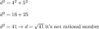 d^2=4^2+5^2\\\\d^2=16+25\\\\d^2=41\to d=\sqrt{41}\ \text{it's not rational number}