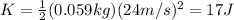 K=\frac{1}{2}(0.059 kg)(24 m/s)^2=17 J