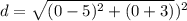 d=\sqrt{(0-5)^{2} + (0+3) })^{2}}