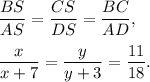 \dfrac{BS}{AS}=\dfrac{CS}{DS}=\dfrac{BC}{AD},\\ \\\dfrac{x}{x+7}=\dfrac{y}{y+3}=\dfrac{11}{18}.