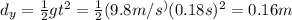 d_y = \frac{1}{2}gt^2=\frac{1}{2}(9.8 m/s^)(0.18 s)^2=0.16 m