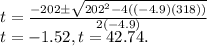 t=\frac{-202\pm\sqrt{202^2-4((-4.9)(318))}}{2(-4.9)} \\t=-1.52,t=42.74.