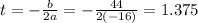 t=-\frac{b}{2a}=-\frac{44}{2\left(-16\right)}=1.375