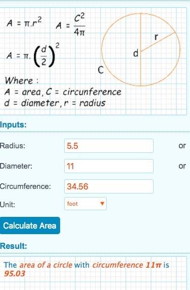 Find the area of a circle with a circumference of 11pi feet