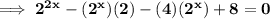 \bold{\implies 2^2^x - (2^x)(2) - (4)(2^x) + 8 = 0}