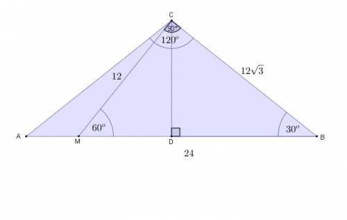 Given:  ∆abc is isosceles m∠acb = 120° m ∈ ab , cm = 12 m∠bmc = 60° find:  ab
