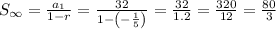 S_{\infty}=\frac{a_1}{1-r}=\frac{32}{1-\left(-\frac{1}{5}\right)}=\frac{32}{1.2}=\frac{320}{12}=\frac{80}{3}