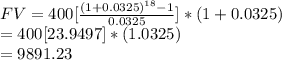 FV=400[\frac{(1+0.0325)^{18}-1}{0.0325}]*(1+0.0325)\\=400[23.9497]*(1.0325)\\=9891.23