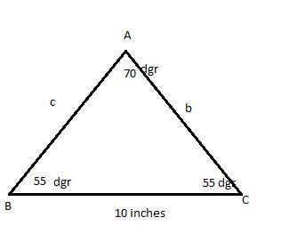 An isosceles triangle has angle measures 55°, 55°, and 70°. the side across from the 80° angle is 10