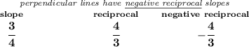 \bf \stackrel{\textit{perpendicular lines have \underline{negative reciprocal} slopes}} {\stackrel{slope}{\cfrac{3}{4}}\qquad \qquad \qquad \stackrel{reciprocal}{\cfrac{4}{3}}\qquad \stackrel{negative~reciprocal}{-\cfrac{4}{3}}}