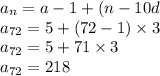 a_n=a-1+(n-10d\\ a_{72}=5+(72-1)\times 3\\a_{72}=5+71\times 3\\a_{72}=218