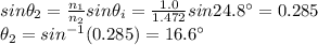 sin \theta_2 = \frac{n_1}{n_2} sin \theta_i = \frac{1.0}{1.472} sin 24.8^{\circ}=0.285\\\theta_2 = sin^{-1} (0.285)=16.6^{\circ}