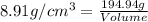 8.91g/cm^3=\frac{194.94g}{Volume}