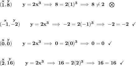 \bf (\stackrel{x}{1},\stackrel{y}{8})\qquad y=2x^3\implies 8=2(1)^3\implies 8\ne 2~~\bigotimes \\\\\\ (\stackrel{x}{-1},\stackrel{y}{-2})\qquad y=2x^3\implies -2=2(-1)^3\implies -2=-2~~\checkmark \\\\\\ (\stackrel{x}{0},\stackrel{y}{0})\qquad y=2x^3\implies 0=2(0)^3\implies 0=0~~\checkmark \\\\\\ (\stackrel{x}{2},\stackrel{y}{16})\qquad y=2x^3\implies 16=2(2)^3\implies 16=16~~\checkmark