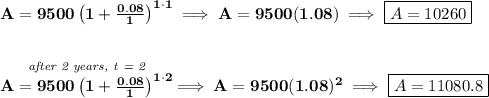 \bf A=9500\left(1+\frac{0.08}{1}\right)^{1\cdot 1}\implies A=9500(1.08)\implies \boxed{A=10260} \\\\\\ \stackrel{\textit{after 2 years, t = 2}}{A=9500\left(1+\frac{0.08}{1}\right)^{1\cdot 2}}\implies A=9500(1.08)^2\implies \boxed{A=11080.8}