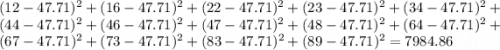 (12-47.71)^{2}+(16-47.71)^{2}+(22-47.71)^{2}+(23-47.71)^{2}+(34-47.71)^{2}+(44-47.71)^{2}+(46-47.71)^{2}+(47-47.71)^{2}+(48-47.71)^{2}+(64-47.71)^{2}+(67-47.71)^{2}+(73-47.71)^{2}+(83-47.71)^{2}+(89-47.71)^{2}=7984.86