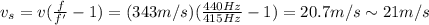 v_s = v(\frac{f}{f'}-1)=(343 m/s)(\frac{440 Hz}{415 Hz}-1)=20.7 m/s \sim 21 m/s