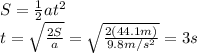 S=\frac{1}{2}at^2\\t=\sqrt{\frac{2S}{a}}=\sqrt{\frac{2(44.1m)}{9.8 m/s^2}}=3 s