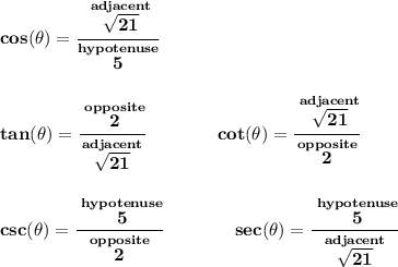 \bf cos(\theta)=\cfrac{\stackrel{adjacent}{\sqrt{21}}}{\stackrel{hypotenuse}{5}} \\\\\\ tan(\theta)=\cfrac{\stackrel{opposite}{2}}{\stackrel{adjacent}{\sqrt{21}}} \qquad \qquad cot(\theta)=\cfrac{\stackrel{adjacent}{\sqrt{21}}}{\stackrel{opposite}{2}} \\\\\\ csc(\theta)=\cfrac{\stackrel{hypotenuse}{5}}{\stackrel{opposite}{2}} \qquad \qquad sec(\theta)=\cfrac{\stackrel{hypotenuse}{5}}{\stackrel{adjacent}{\sqrt{21}}}