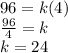 96=k(4)\\\frac{96}{4}=k\\k=24