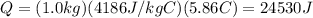Q=(1.0 kg)(4186 J/kgC)(5.86 C)=24530 J