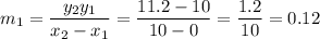 m_1=\dfrac{y_2y_1}{x_2-x_1}=\dfrac{11.2-10}{10-0}=\dfrac{1.2}{10}=0.12