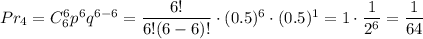 Pr_4=C^6_6p^6q^{6-6}=\dfrac{6!}{6!(6-6)!}\cdot (0.5)^6\cdot (0.5)^1=1\cdot \dfrac{1}{2^6}=\dfrac{1}{64}