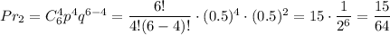 Pr_2=C^4_6p^4q^{6-4}=\dfrac{6!}{4!(6-4)!}\cdot (0.5)^4\cdot (0.5)^2=15\cdot \dfrac{1}{2^6}=\dfrac{15}{64}
