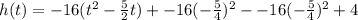 h(t) = - 16 ({t}^{2} - \frac{5}{2} t) + - 16( - \frac{5}{4})^{2} - -16( - \frac{5}{4})^{2} + 4