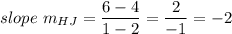 slope\ m_{HJ}=\dfrac{6-4}{1-2}=\dfrac{2}{-1}=-2