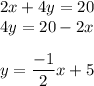 2x+4y=20\\4y = 20-2x\\\\y =\displaystyle\frac{-1}{2}x+5