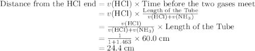 \text{Distance from the HCl end} = v(\text{HCl}) \times \text{Time before the two gases meet}\\\phantom{\text{Distance from the HCl end}} = v(\text{HCl}) \times \frac{ \text{Length of the Tube}}{v(\text{HCl}) + v(\text{NH}_3)}\\\phantom{\text{Distance from the HCl end}} = \frac{v(\text{HCl})}{v(\text{HCl}) + v(\text{NH}_3)} \times \text{Length of the Tube}\\\phantom{\text{Distance from the HCl end}} = \frac{1}{1 + 1.463} \times 60.0\; \text{cm} \\\phantom{\text{Distance from the HCl end}} = 24.4 \; \text{cm}