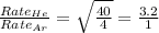 \frac{Rate_{He}}{Rate_{Ar}}=\sqrt{\frac{40}{4}}=\frac{3.2}{1}