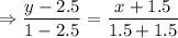 \Rightarrow \dfrac{y-2.5}{1-2.5}=\dfrac{x+1.5}{1.5+1.5}