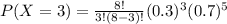 P(X=3)=\frac{8!}{3!(8-3)!}(0.3)^3 (0.7)^{5}