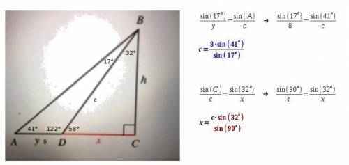 If a = 41 degree,  angle bdc = 58 degree,  and y = 8, find x.