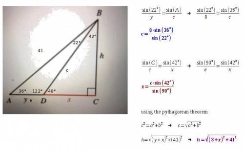 If a = 41 degree,  angle bdc = 58 degree,  and y = 8, find x.
