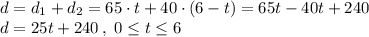 d = d_1 +d_2 = 65\cdot t + 40\cdot (6-t)=65t-40t+240\\d = 25t+240\,,\,\,0\leq t\leq 6