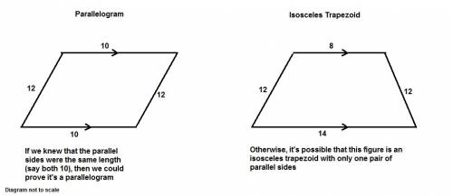 Am i given enough info. to determine whether the quadrilateral is a parallelogram?  explain